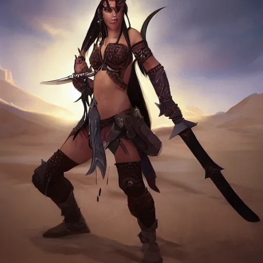 Prompt: portrait of a strong fierce female berber tiefling barbarian with devil horns and black hair in a ponytail holding a large scimitar and wearing a steel chestplate in a desert, fantasy, highly detailed, digital painting, artstation, concept art, character art, art by greg rutkowski, tyler jacobson, alphonse mucha, ross tran and makoto shinkai