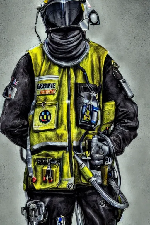 Image similar to paramedic, standing by ambulance, highly detailed, digital art, sharp focus, trending on art station