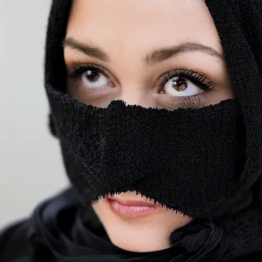 Image similar to Frontal portrait of a woman. All black clothing. Sweater, bandana, gaiter mask, heavy eye shadow and spiky hair. Norman Rockwell painting.