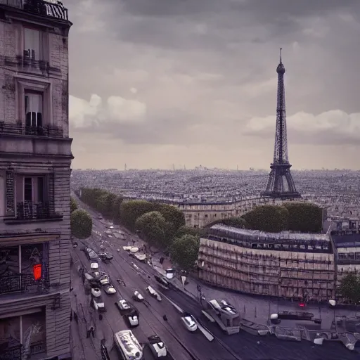 Image similar to post apocalyptic paris,ultra wide, octane render, cinematic, hyper realistic,