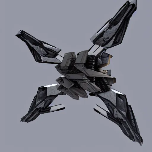 Image similar to symmetry!! a mechanized falcon with it's wings spread, gunmetal grey, top down view!! mecha, jet fighter, space shuttle, robotic, highly detailed, artstation, super realistic, unreal engine