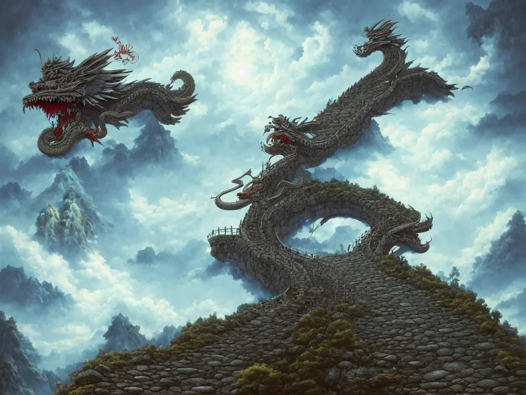 Image similar to a simple shinto gate stands atop stone stairs on a mountain, a single chinese dragon by toriyama akira flies in the clouds above by peter mohrbacher and dan mumford and nekro, cgsociety, volumetric light, 3 d render