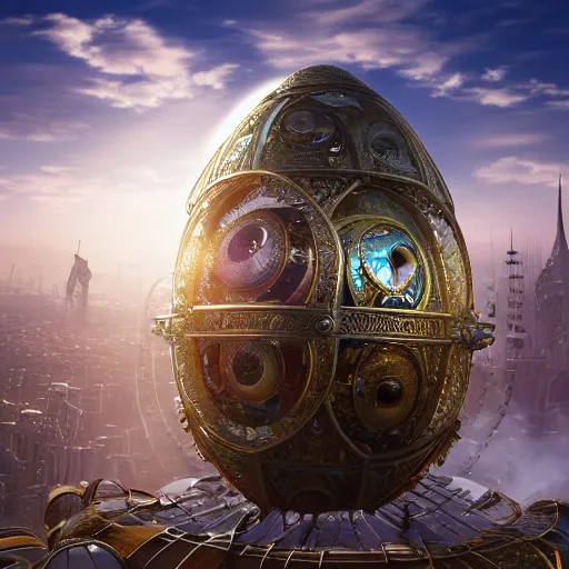 Image similar to enormous flying city in a faberge egg encircled by giant metallic petals, cloudy sky background, steampunk, fantasy art, masterpiece, unreal engine