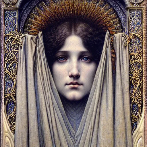 Image similar to detailed realistic beautiful young medieval queen face portrait by jean delville, gustave dore and marco mazzoni, art nouveau, symbolist, visionary, gothic, pre - raphaelite. horizontal symmetry