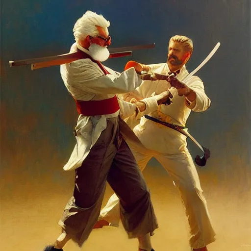 Image similar to colonel sanders with katana fighting donald mcdonald, highly detailed painting by gaston bussiere, craig mullins, j. c. leyendecker, 8 k