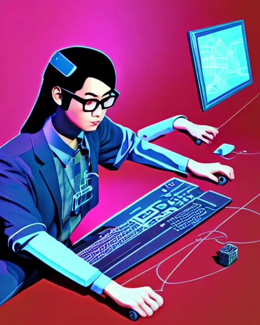 Prompt: richly detailed color illustration of a nerd-using-a-computer-to-crack-the-code surrounded by technology illustrated by Artgerm and Mina Petrovic and Timothy Kong and Marina Federovna. 3D shadowing