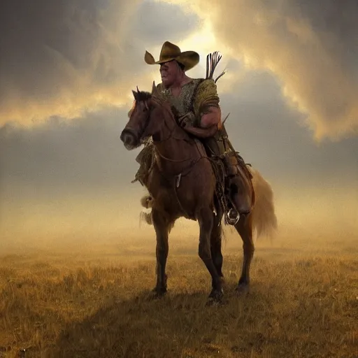 Prompt: a beautiful dramatic epic painting of Shrek holding reins | he is shirtless and wearing a cowboy hat and covered in leather straps | dust clouds, prairie setting | homoerotic, highly detailed, dramatic lighting | by Mark Maggiori, by William Herbert Dunton, by Charles Marion Russell | trending on artstation