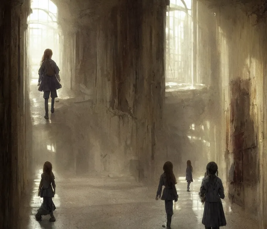 Prompt: long hallway interior | queue of tired people | sadie sink in oversized school uniform. concept art. by greg rutkowski, greg staples, gustave courbet, rosa bonheur, noah bradley. sharp focus, cinematic atmosphere, detailed and intricate, perfect anatomy