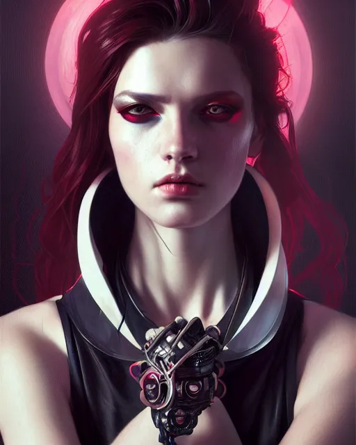 Prompt: beautiful female punk, portrait, cyberpunk, symmetry, ultra detailed, elegant, intricate, dynamic lighting, hyperrealism, digital art, digital painting, artstation, wlop, sharp focus, illustration, art by artgerm and greg rutkowski and alphonse mucha, 8 k