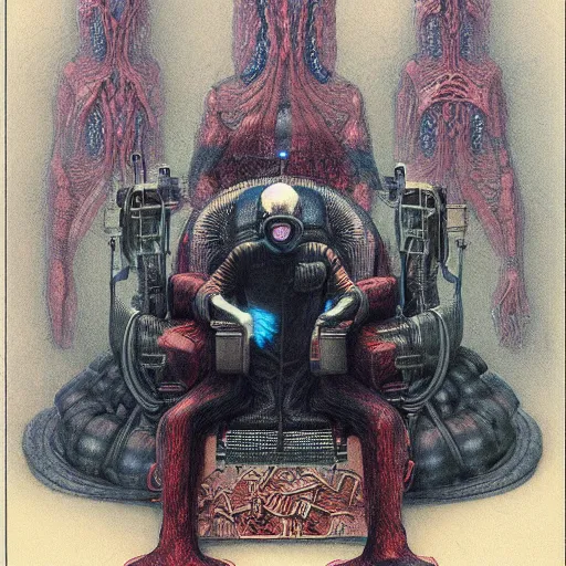 Prompt: a person sitting on a throne, wearing an oxygen mask with lots of tubes, dark, wayne barlowe