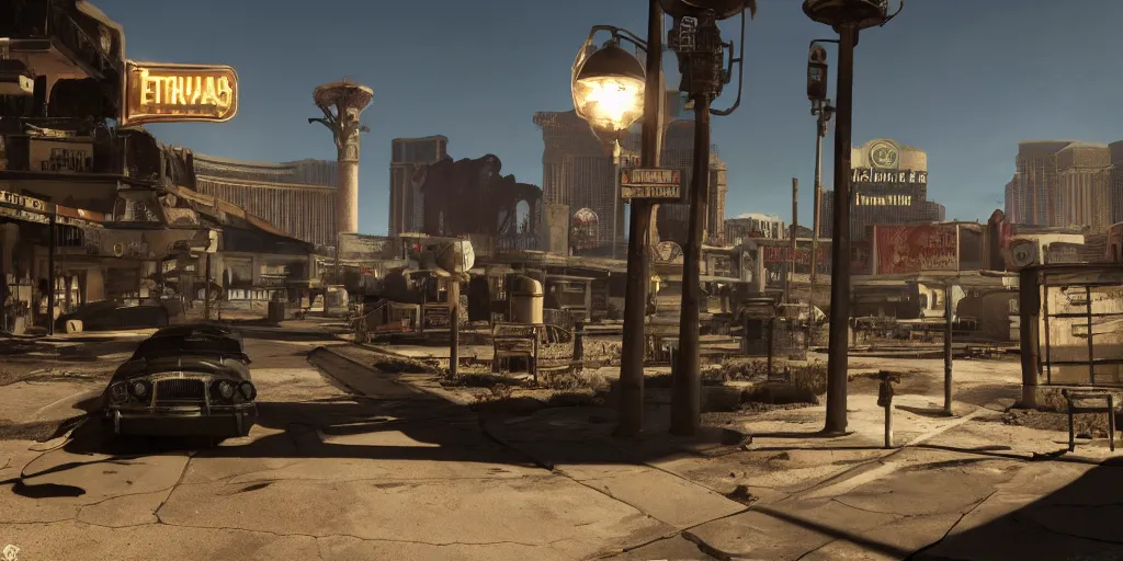 Image similar to fallout concept art las vegas render dramatic lighting unreal engine 5