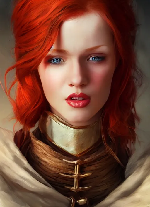 Image similar to Beautiful redhead girl which chest wrapped in bandages, portrait, fantasy, medieval, vivid colors, fantasy, elegant, concept art, sharp focus, beautiful face, digital art, Hyper-realistic, 4K, Unreal Engine, Highly Detailed, HD, Dramatic Lighting by Brom, trending on Artstation