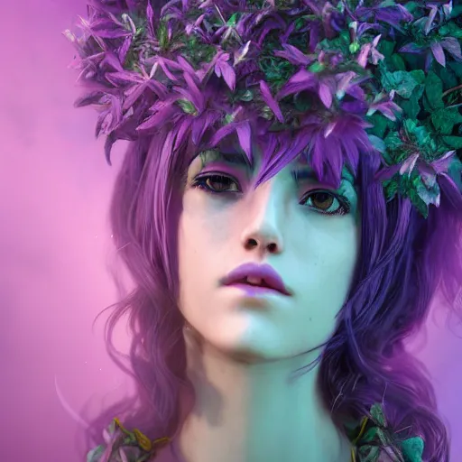 Prompt: Purple hair female, breton, heroine, spider goddess in glowing purple flowers, awe, eerily lit, vibrant dark colors, photorealistic, concept art, cinematic, 20mm camera, corona render, rule of thirds, hyper detailed , octane , 8k