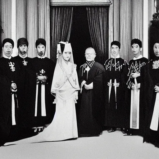 Prompt: A medium wide shot, colored black and white Russian and Japanese mix historical fantasy photographic portrait of a Royal wedding of the empress and emperor curtsying to the Priestess and Priest, golden hour, warm lighting, 1907 photo from the official wedding photographer for the royal wedding. cinema, hyper realistic, ultra realistic, photorealistic, facial actuary.