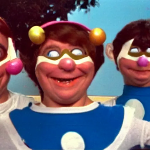 Prompt: Still from a children's television show about people dressed as nostrils, 1980