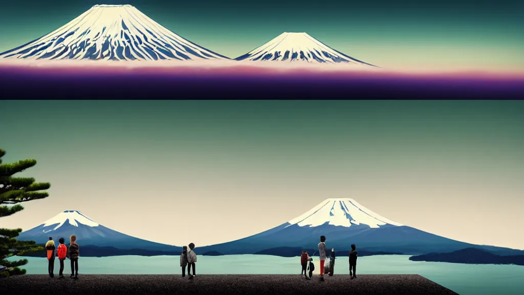 Image similar to a scene of two travellers and their camper touring overlook at the edge of yamanaka lake, reflecting mount fuji and a dramatic sky, japan, a collage painting, in the style of wes anderson, lola dupre, david hockney, isolated on negative white space background dark monochrome neon spraypaint accents volumetric octane render