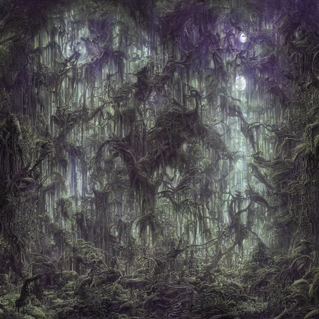 Prompt: a lush enchanted swampy forest at midnight, upward cinematic angle, heavy atmosphere, by Michael Kaluta, P. Craig Russell and Rodney Matthews, ghostly moonlight, stunning composition, intricate, elegant, digital art, hyperdetailed, mixed media painting, hyperrealistic, sharp focus, 8k