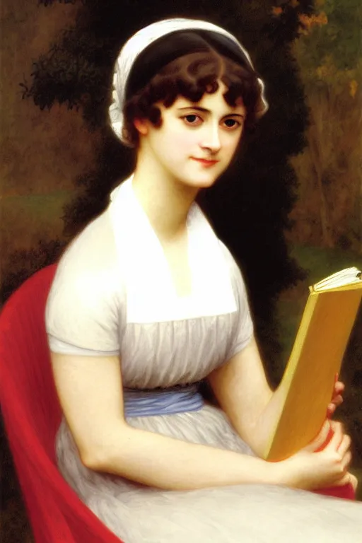 Prompt: jane austen with a book, painting by rossetti bouguereau, detailed art, artstation