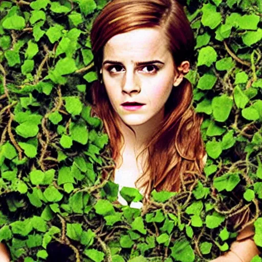 Image similar to angry emma watson entangled and stuck in giant vines