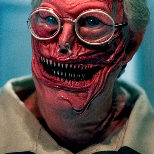 Image similar to the melting slimy face of villain mitch mcconnell flesh monster. horror film production photograph.