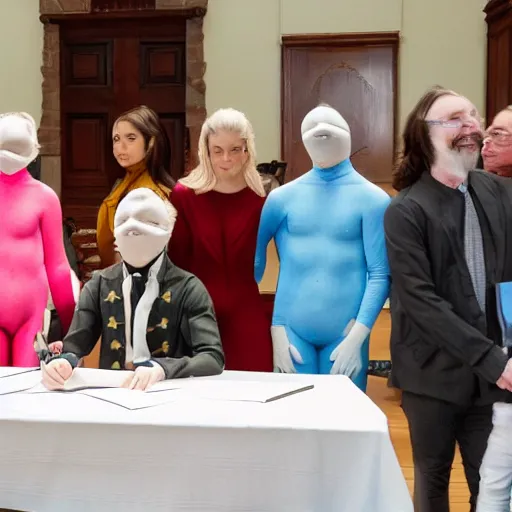 Prompt: the signing of the Declaration of Independence and everyone is wearing a zentai suit