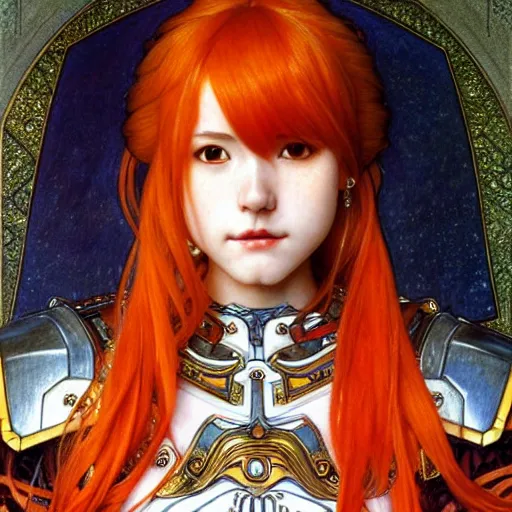 Image similar to Masterpiece head and shoulders portrait of Asuna Yuuki, young woman with orange hair wearing a partial paladin armor with a red skirt and white top, face, fantasy, intricate, elegant, highly detailed drawn by Donato Giancola and Fernanda Suarez and Artem Demura, face by Artgerm and Edmund Leighton, Alphonse Mucha, background by James Jean and Gustav Klimt, 4k, porcelain skin, komorebi, french nouveau, trending on pixiv, octane render, hyperrealistic