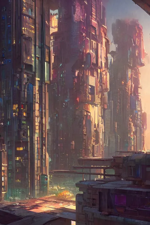 Prompt: apartment in a Futuristic cyberpunk city. Cinematic lighting. Art by moebius and Thomas Kinkade and Greg Rutkowski.