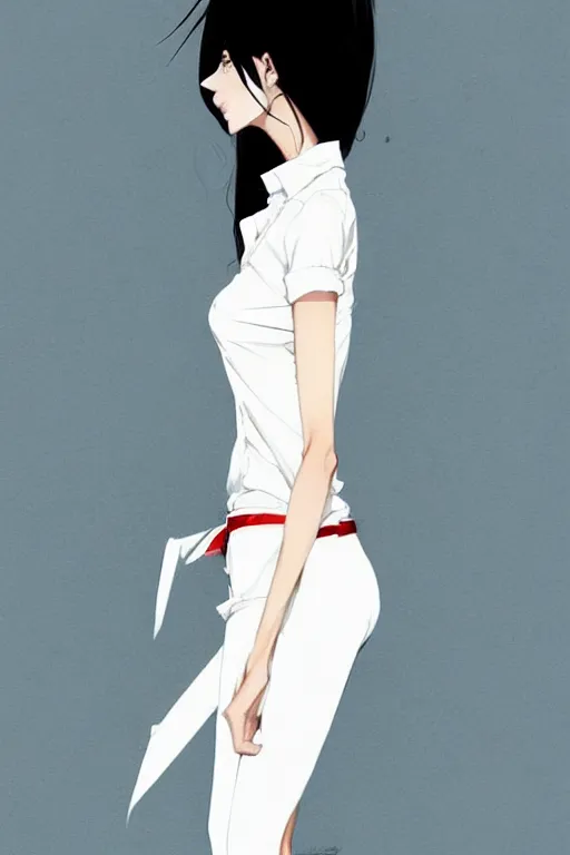 Image similar to a ultradetailed full body portrait of a woman dressed in a white shirt with a tie, by conrad roset, greg rutkowski and makoto shinkai trending on artstation