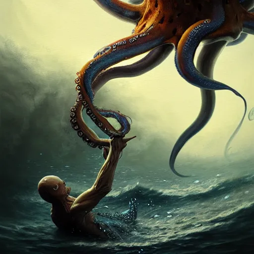 Image similar to a dream fantasy painting of a giant octopus attack a swimming man, by beksinki, giger, greg rutkowski, carne griffith trending on artstation, deviantart, photorealism