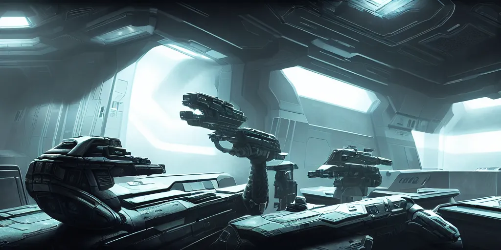 Prompt: ultra realistic, concept art, an assortment of futuristic laser guns laying on a table in a locker room, science fiction, intricate details, halo, mass effect, destiny, deus ex mankind revolution, eerie, highly detailed, octane render, unreal, straight lines, sharp