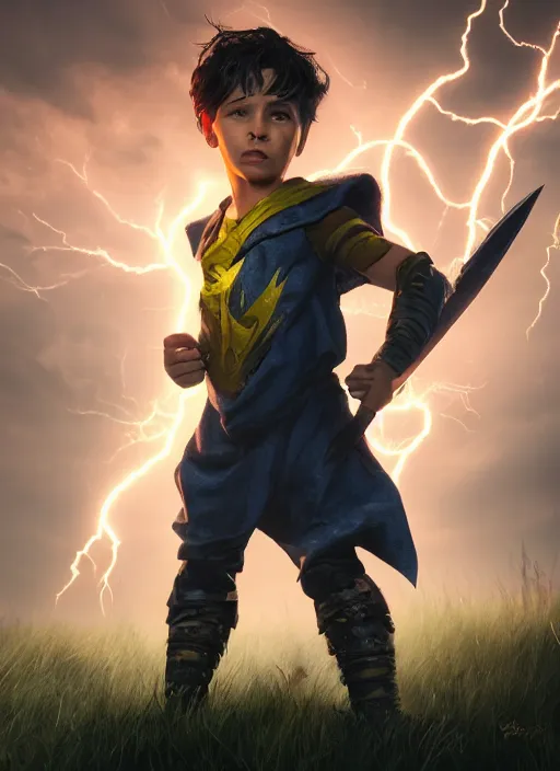 Image similar to An epic fantasy comic book style portrait painting of a young boy surrounded by lightning and power, unreal 5, DAZ, hyperrealistic, octane render, cosplay, RPG portrait, dynamic lighting