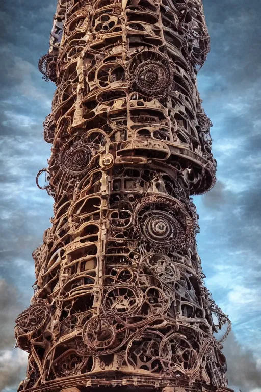 Image similar to lovecraftian biomechanical machine tower with fleshy tendrils, giant eyeball at top!, overlooking dystopian wasteland, highly detailed, colorful with red hues