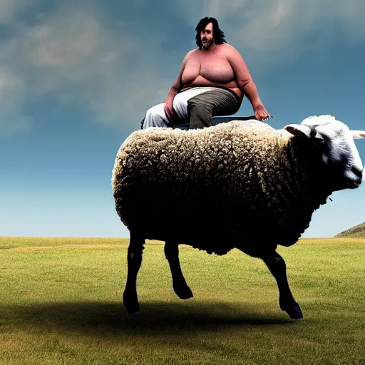 Image similar to morbidly obese keanu reeves riding a sheep, photo, detailed, 4 k
