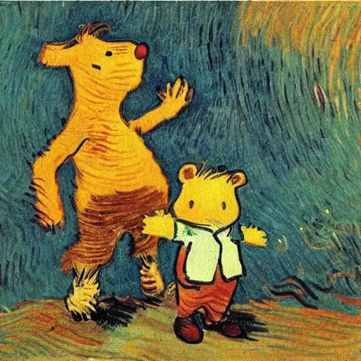 Prompt: portrait of calvin and hobbs, detailed, by beatrix potter annd van gogh