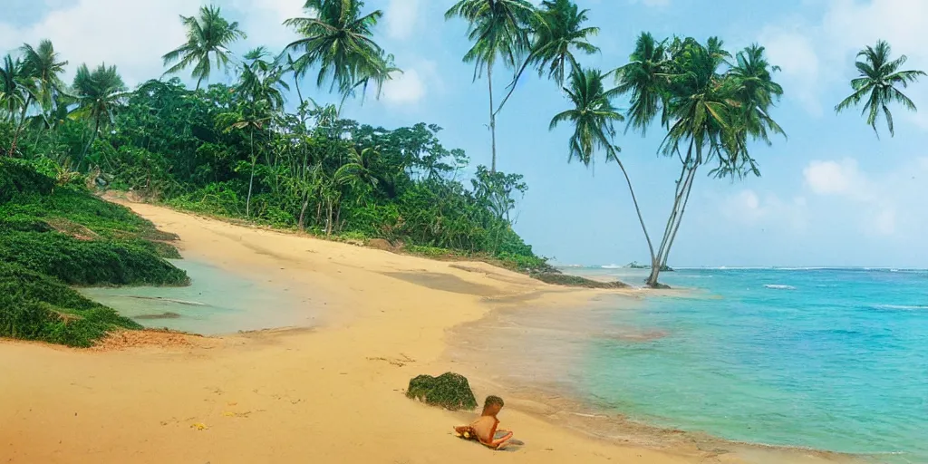 Image similar to sri lankan beach, drawn by hayao miyazaki