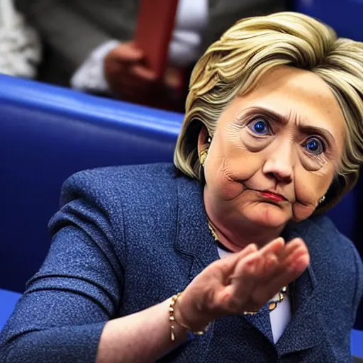 Image similar to hillary clinton with tears on her cheek in parliament 4 k realistic phote