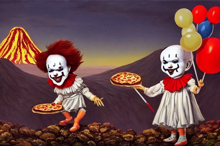 Image similar to pennywise as pulcinella!!! holding a pizza!!, volcano in the background, glowing rivers of lava, dark cloudy sky, an ultrafine detailed painting by joe fenton, full body, wide angle, post - apocalyptic vibe, pop surrealism, sharp focus, 3 d octane render, 4 k, perfect symmetrical face, masterpiece, hyperrealistic, trending on deviantart