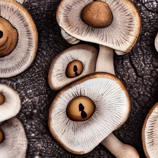 Image similar to macro photo with a mushroom character with cute eyes, natural colors, painted patterns and coloring on mushrooms, 8K, highly detailed