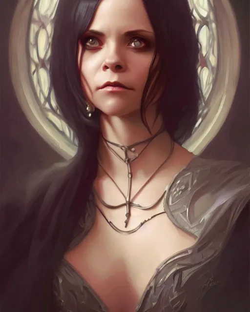 Prompt: Christina Ricci (2000), D&D, fantasy, intricate, elegant, highly detailed, digital painting, artstation, concept art, matte, sharp focus, illustration, hearthstone, art by Artgerm and Greg Rutkowski and Alphonse Mucha