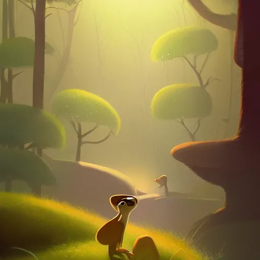 Image similar to goro fujita ilustration a beautiful meerkat walking calmly through a rain forest with the first rays of sun by goro fujita, painting by goro fujita, sharp focus, highly detailed, artstation