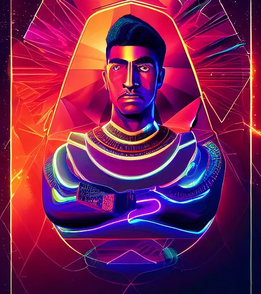 Image similar to symmetry!! egyptian prince of technology, solid cube of light, hard edges, product render retro - futuristic poster scifi, lasers and neon circuits, brown skin man egyptian prince, intricate, elegant, highly detailed, digital painting, artstation, concept art, smooth, sharp focus, illustration, dreamlike, art by artgerm