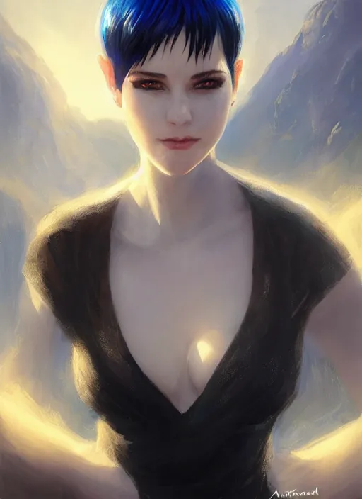 Prompt: girl with black and blue hair, pixie haircut, beautiful highly detailed face, complementary lighting, backlit, black eyeshadow, grinning, adventure, alluring gaze, dramatic lighting, landscape background, beautiful painting by artgerm and greg rutkowski and raymond swanland