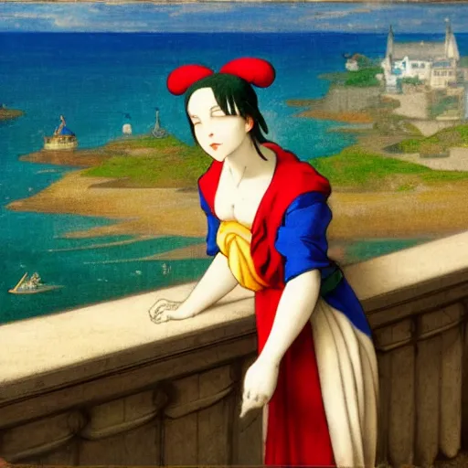 Image similar to A jester on the front of a Balustrade with a beach on the background, a colab between studio ghibli and paul delaroche