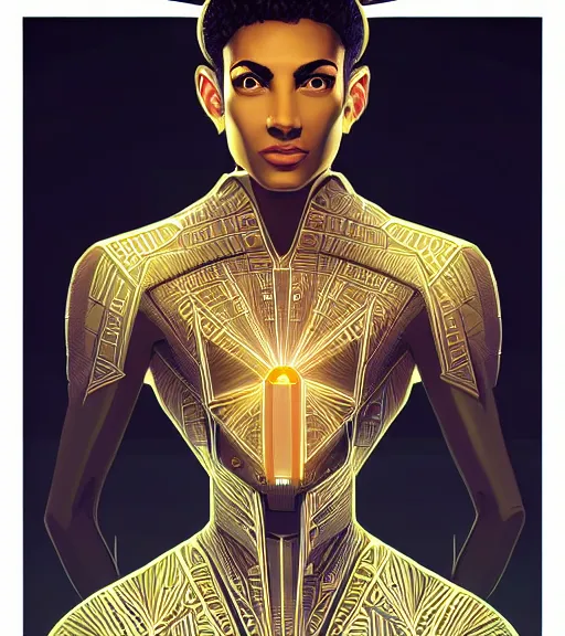 Image similar to symmetry!! egyptian prince of technology, solid cube of light, hard edges, product render retro - futuristic poster scifi, lasers and neon circuits, brown skin man egyptian prince, intricate, elegant, highly detailed, digital painting, artstation, concept art, smooth, sharp focus, illustration, dreamlike, art by artgerm