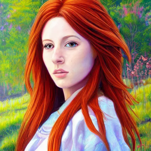 Prompt: beautiful ultra detailed painting of an auburn haired girl in a new england landscape, artstation
