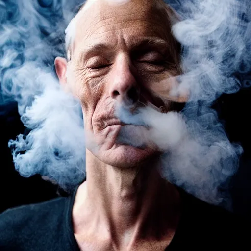 Image similar to annie liebowitz photo of a man who's head is turning into a puff of smoke