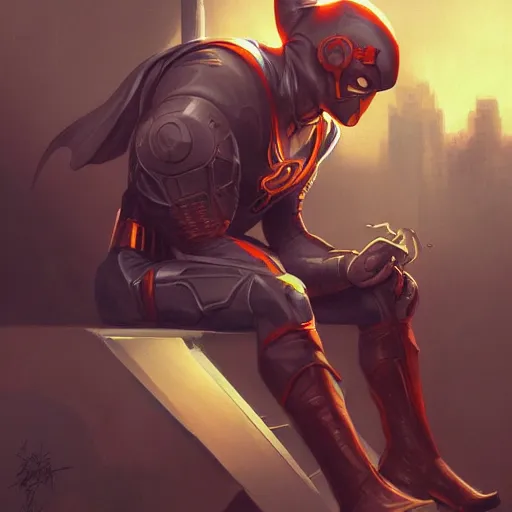 Prompt: a insanely detailed painting of masked superhero wearing a costume sitting at the computer nervously clicking on the mouse in the style of peter mohrbacher, dramatic lighting and composition, trending on artstation