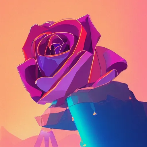 Image similar to beautiful digital rose in stunning pink sea, VERY LIGHT purple and blue scheme, isometric, by Anton Fadeev and Simon Stalenhag, trending on artstation, low contrast