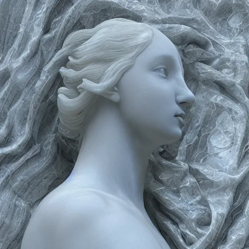 Image similar to “a delicate renaissance marble sculpture covered with water veil, highly detailed transparent marble cloth, gi, global illumination, physically based rendering, photorealistic, top light, dark background ”