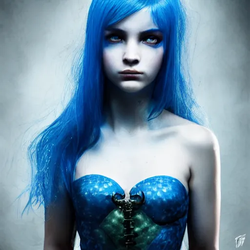 Prompt: portrait of young girl half dragon half human, dragon girl, dragon skin, dragon eyes, dragon crown, blue hair, long hair, highly detailed, cinematic lighting, chiaroscuro lighting, Matte painting by David Lynch